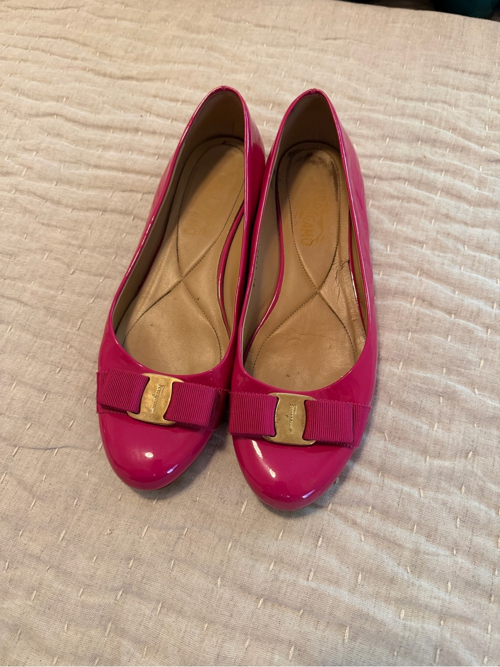 Salvatore Ferragamo Hot Pink Patent Vara Bow Flats